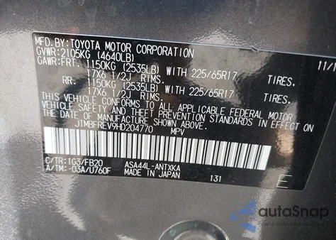 2017 Toyota Rav4 Le z USA, uszkodzony, nr VIN JTMBFREV9HD204770